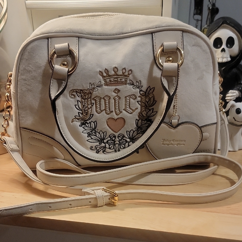 Juicy Couture Beige and Gold Embroidered Shoulder Bag